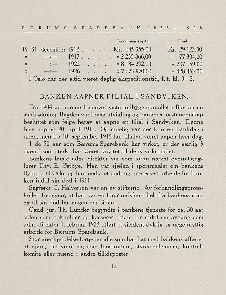 Fra 1904 og aarene fremover viste indbyggerantallet i Bærum en sterk økning. Bygden var i rask utvikling og bankens forstanderskap besluttet som følge herav at aapne en filial i Sandviken.