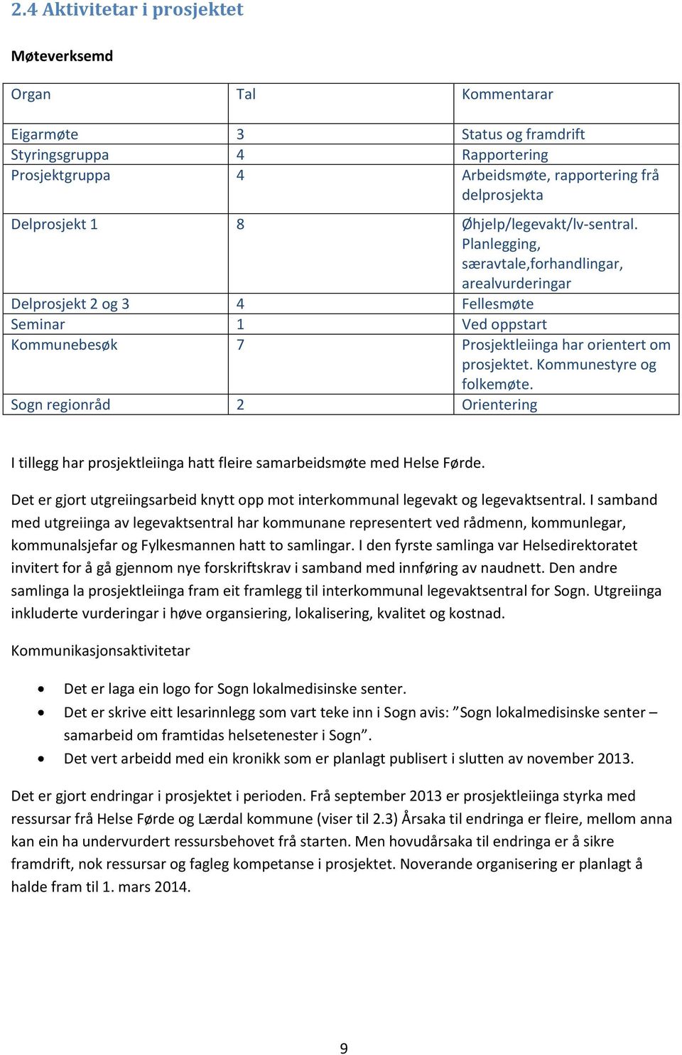 Kommunestyre og folkemøte. Sogn regionråd 2 Orientering I tillegg har prosjektleiinga hatt fleire samarbeidsmøte med Helse Førde.