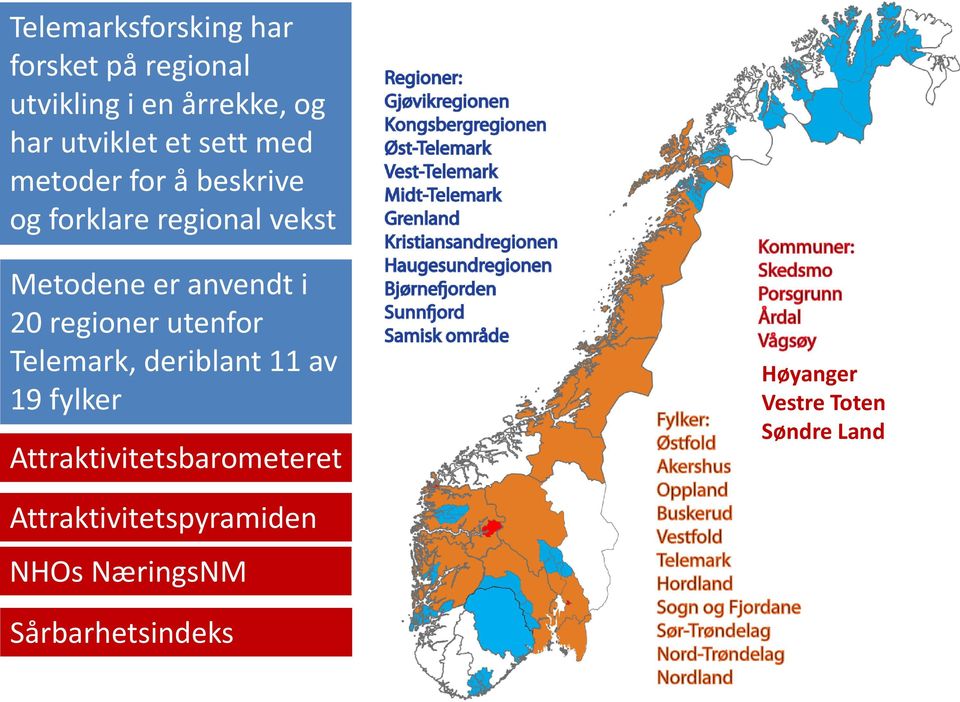 regioner utenfor Telemark, deriblant 11 av 19 fylker Attraktivitetsbarometeret