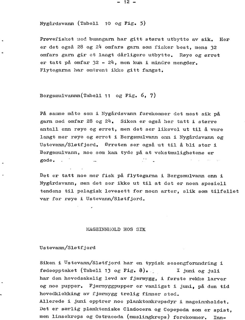 Flytegarna har omtrent ikke gitt fangst, Bergsmulvann ( Tabell 11 og Fig. 6, 7) På samsne mate som i Nygårdsvann forekommer det mest sik på garn med omfar 28 og 24.