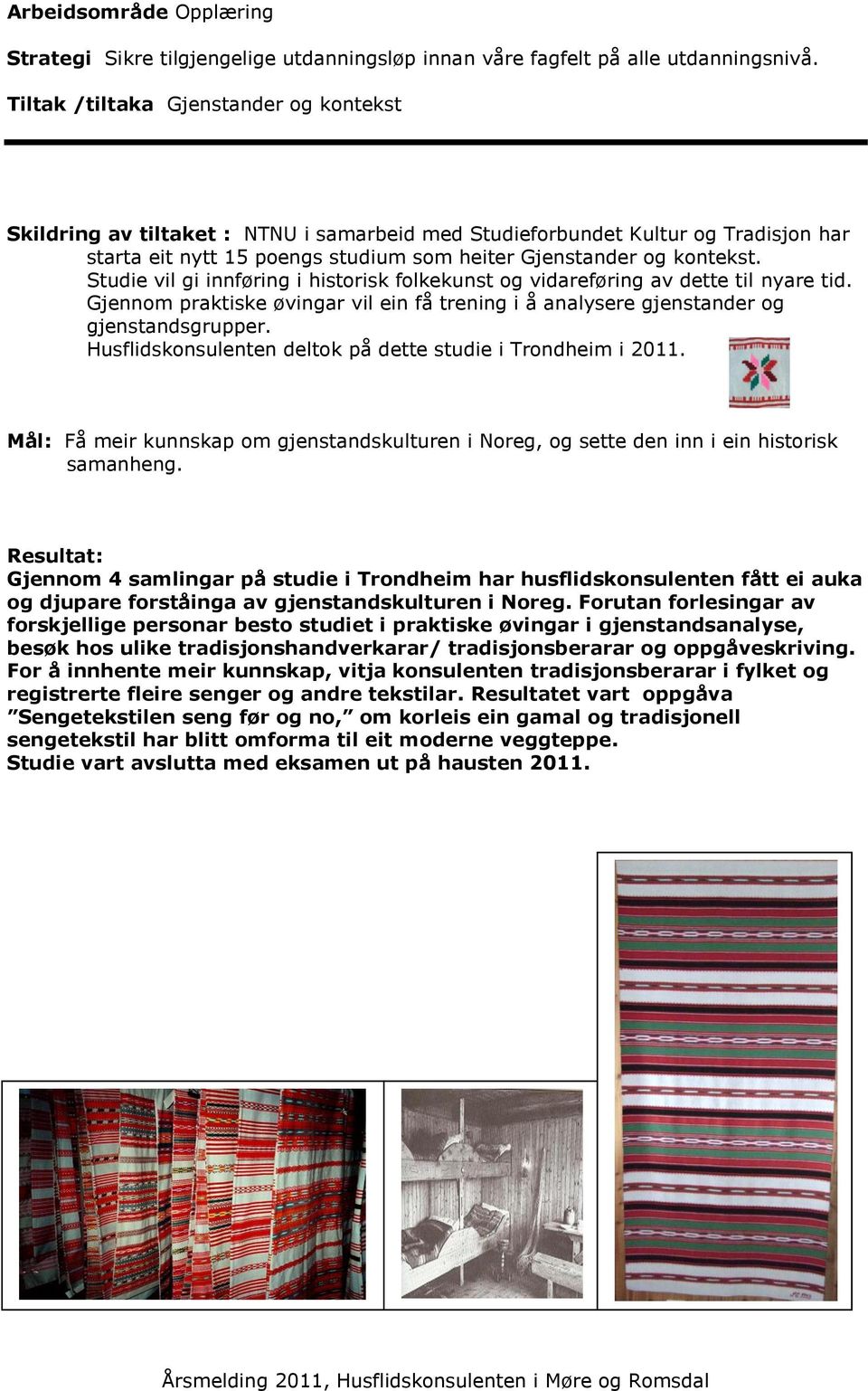 Studie vil gi innføring i histrisk flkekunst g vidareføring av dette til nyare tid. Gjennm praktiske øvingar vil ein få trening i å analysere gjenstander g gjenstandsgrupper.