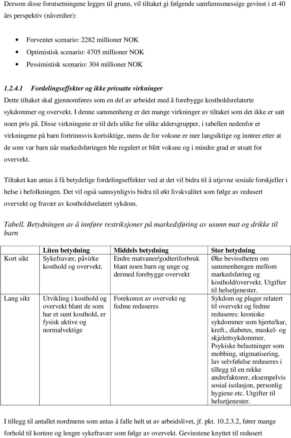 millioner NOK 1.2.4.1 Fordelingseffekter og ikke prissatte virkninger Dette tiltaket skal gjennomføres som en del av arbeidet med å forebygge kostholdsrelaterte sykdommer og overvekt.