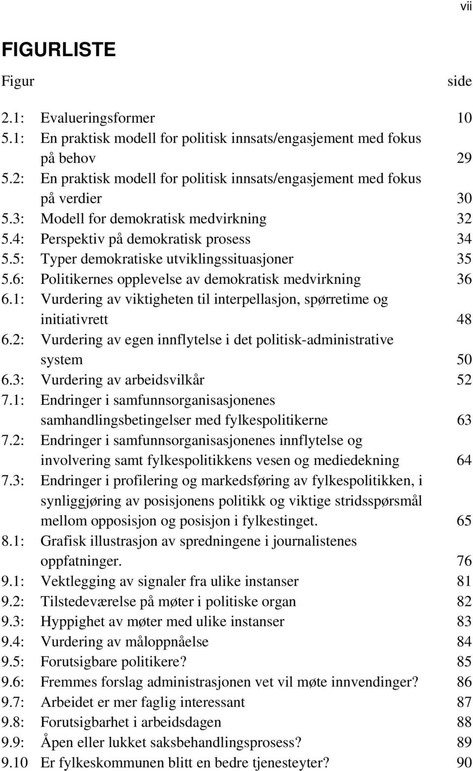 5: Typer demokratiske utviklingssituasjoner 35 5.6: Politikernes opplevelse av demokratisk medvirkning 36 6.1: Vurdering av viktigheten til interpellasjon, spørretime og initiativrett 48 6.