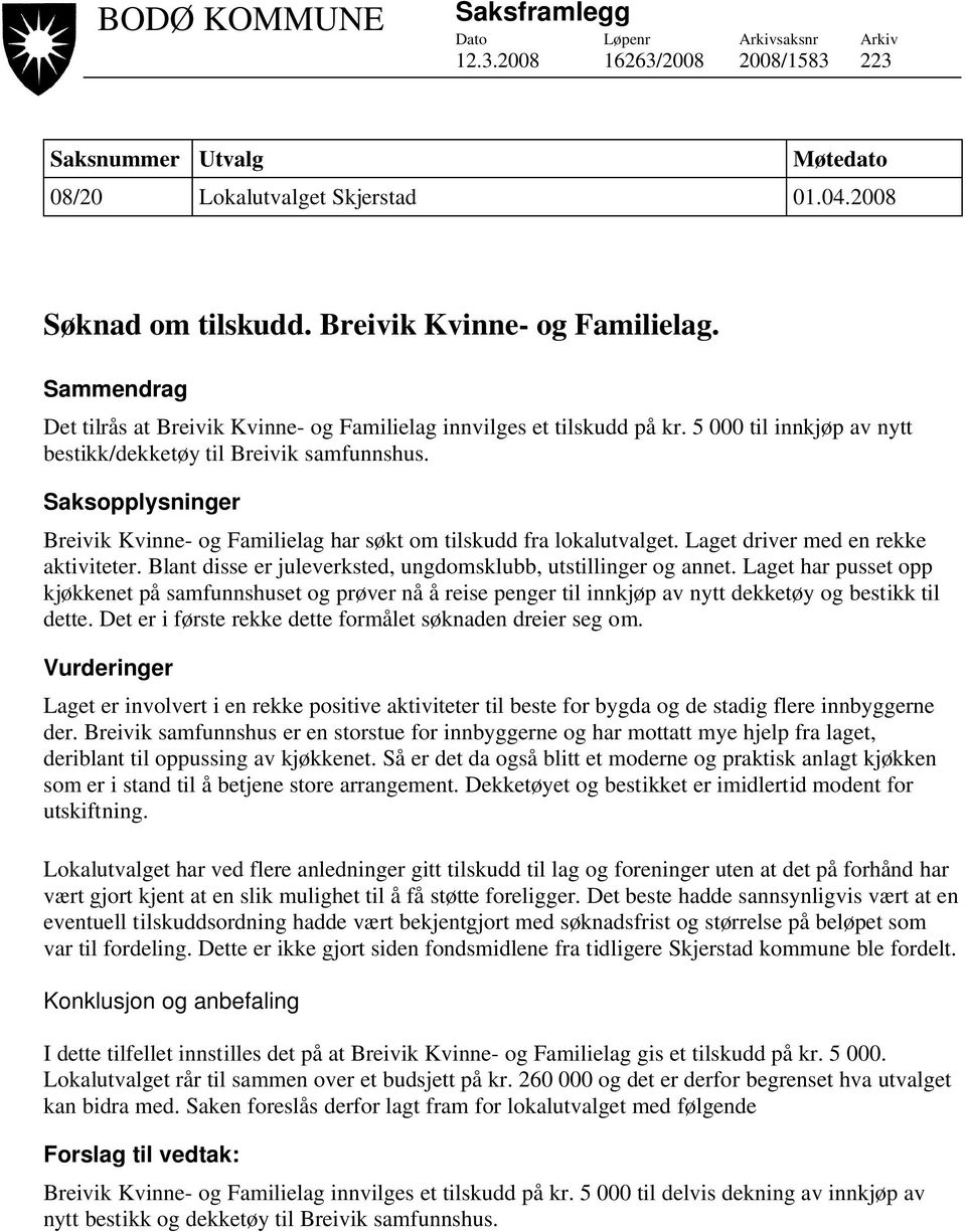 Saksopplysninger Breivik Kvinne- og Familielag har søkt om tilskudd fra lokalutvalget. Laget driver med en rekke aktiviteter. Blant disse er juleverksted, ungdomsklubb, utstillinger og annet.