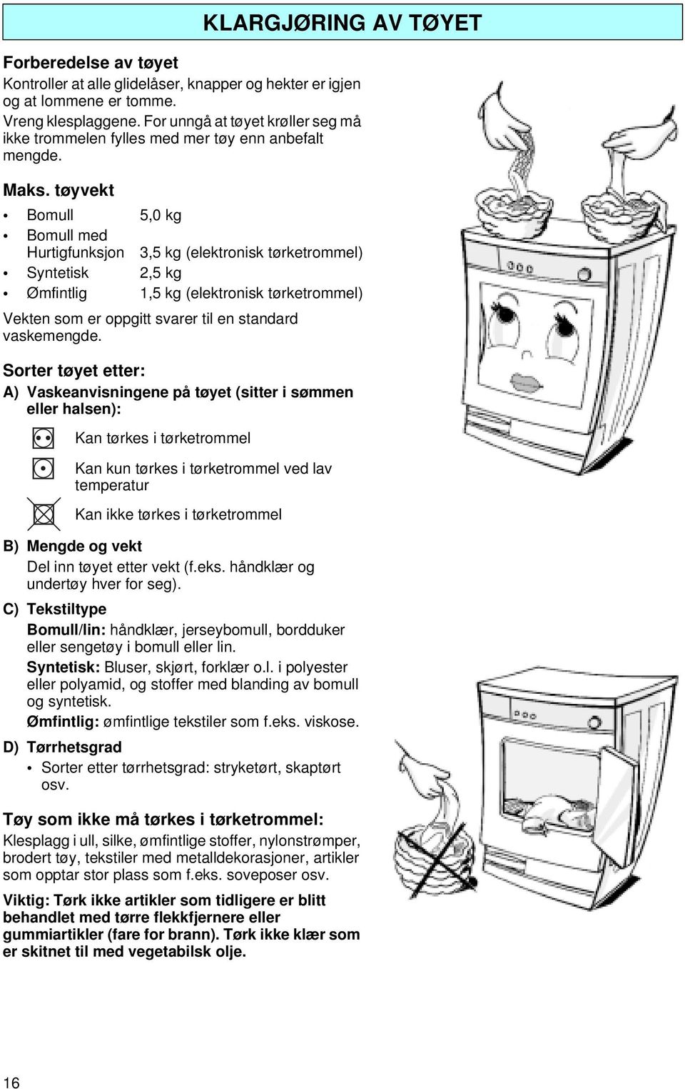 tøyvekt Bomull 5,0 kg Bomull med Hurtigfunksjon 3,5 kg (elektronisk tørketrommel) Syntetisk 2,5 kg Ømfintlig 1,5 kg (elektronisk tørketrommel) Vekten som er oppgitt svarer til en standard vaskemengde.