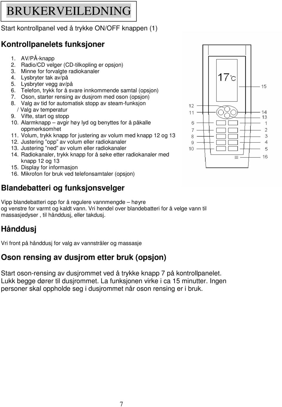 Valg av tid for automatisk stopp av steam-funksjon / Valg av temperatur 9. Vifte, start og stopp 10. Alarmknapp avgir høy lyd og benyttes for å påkalle oppmerksomhet 11.