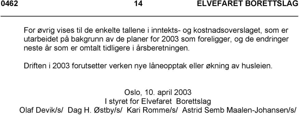 i årsberetningen. Driften i 2003 forutsetter verken nye låneopptak eller økning av husleien. Oslo, 10.