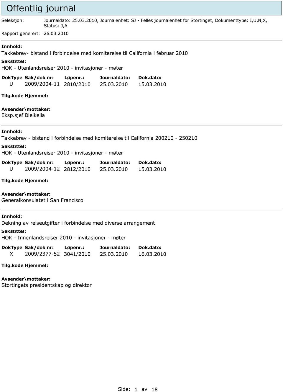 sjef Bleikelia Takkebrev - bistand i forbindelse med komitereise til California 200210-250210 HOK - tenlandsreiser 2010 - invitasjoner - møter 2009/2004-12 2812/2010 15.03.