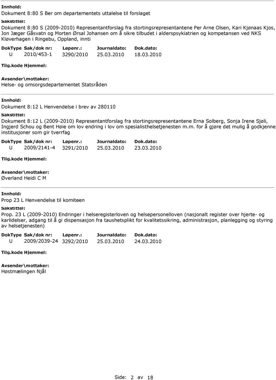 2010 Helse- og omsorgsdepartementet Statsråden Dokument 8:12 L Henvendelse i brev av 280110 Dokument 8:12 L (2009-2010) Representantforslag fra stortingsrepresentantene Erna Solberg, Sonja rene