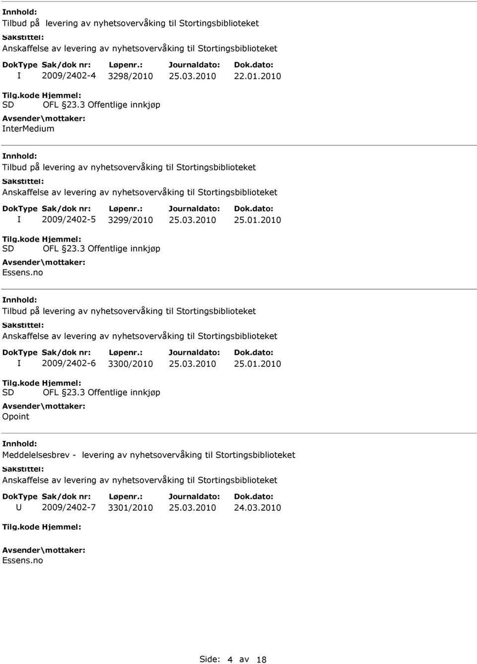 kode SD 2009/2402-5 3299/2010 Hjemmel: OFL 23.3 Offentlige innkjøp Essens.no 25.01.2010 Tilbud på levering av nyhetsovervåking til Stortingsbiblioteket Anskaffelse av levering av nyhetsovervåking til Stortingsbiblioteket Tilg.