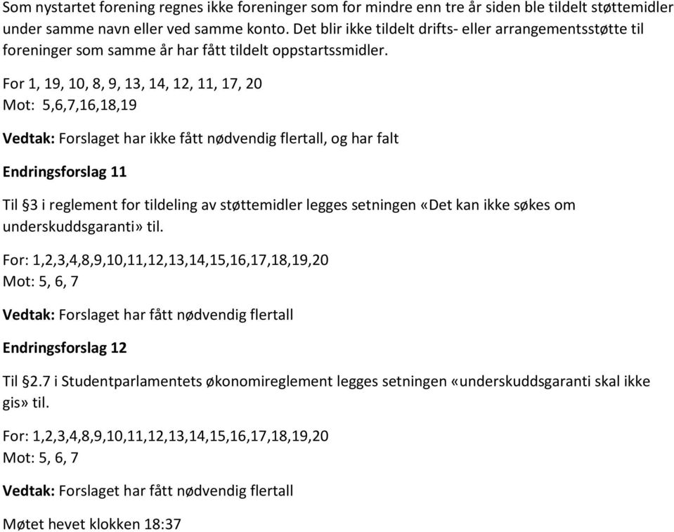 For 1, 19, 10, 8, 9, 13, 14, 12, 11, 17, 20 Mot: 5,6,7,16,18,19 Vedtak: Forslaget har ikke fått nødvendig flertall, og har falt Endringsforslag 11 Til 3 i reglement for tildeling av støttemidler