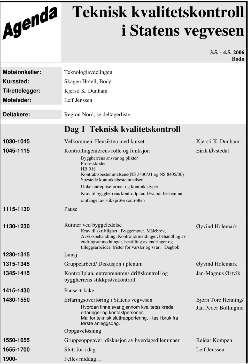 Dunham 1045-1115 Kontrollingeniørens rolle og funksjon Byggherrens ansvar og plikter Prosesskoden HB 018 Kontraktsbestemmelsene(NS 3430/31 og NS 8405/06) Spesielle kontraktsbestemmelser Ulike