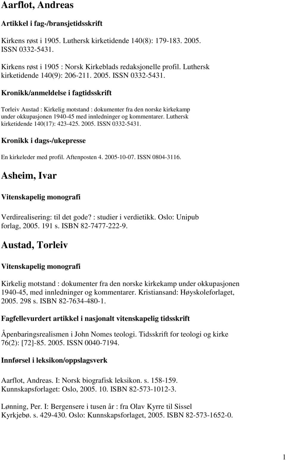 Luthersk kirketidende 140(17): 423-425. 2005. ISSN 0332-5431. Kronikk i dags-/ukepresse En kirkeleder med profil. Aftenposten 4. 2005-10-07. ISSN 0804-3116.