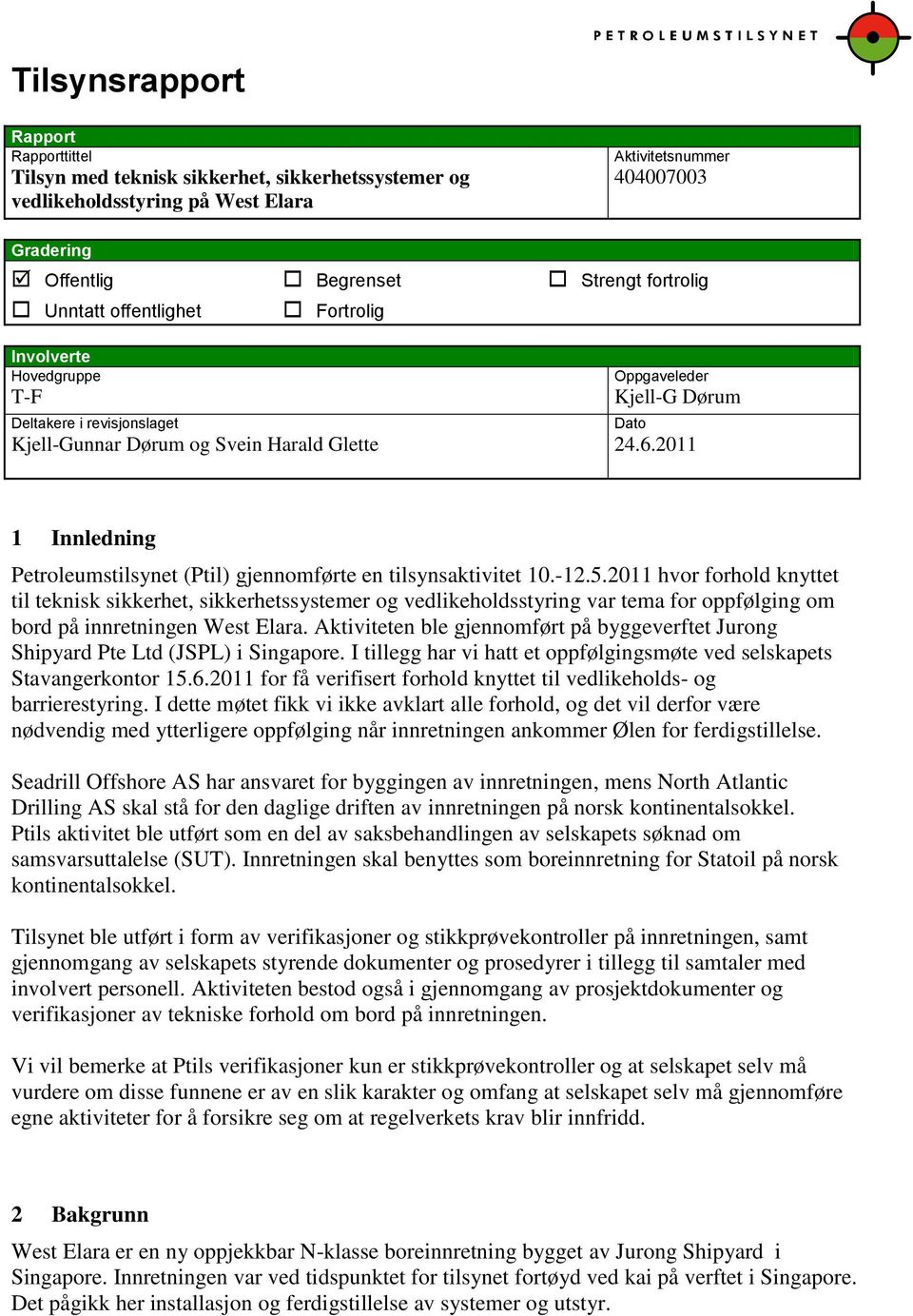 2011 Dato 1 Innledning Petroleumstilsynet (Ptil) gjennomførte en tilsynsaktivitet 10.-12.5.