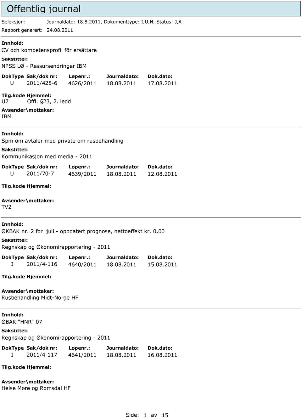 2011 Spm om avtaler med private om rusbehandling Kommunikasjon med media - 2011 2011/70-7 4639/2011 12.08.2011 TV2 ØKBAK nr.