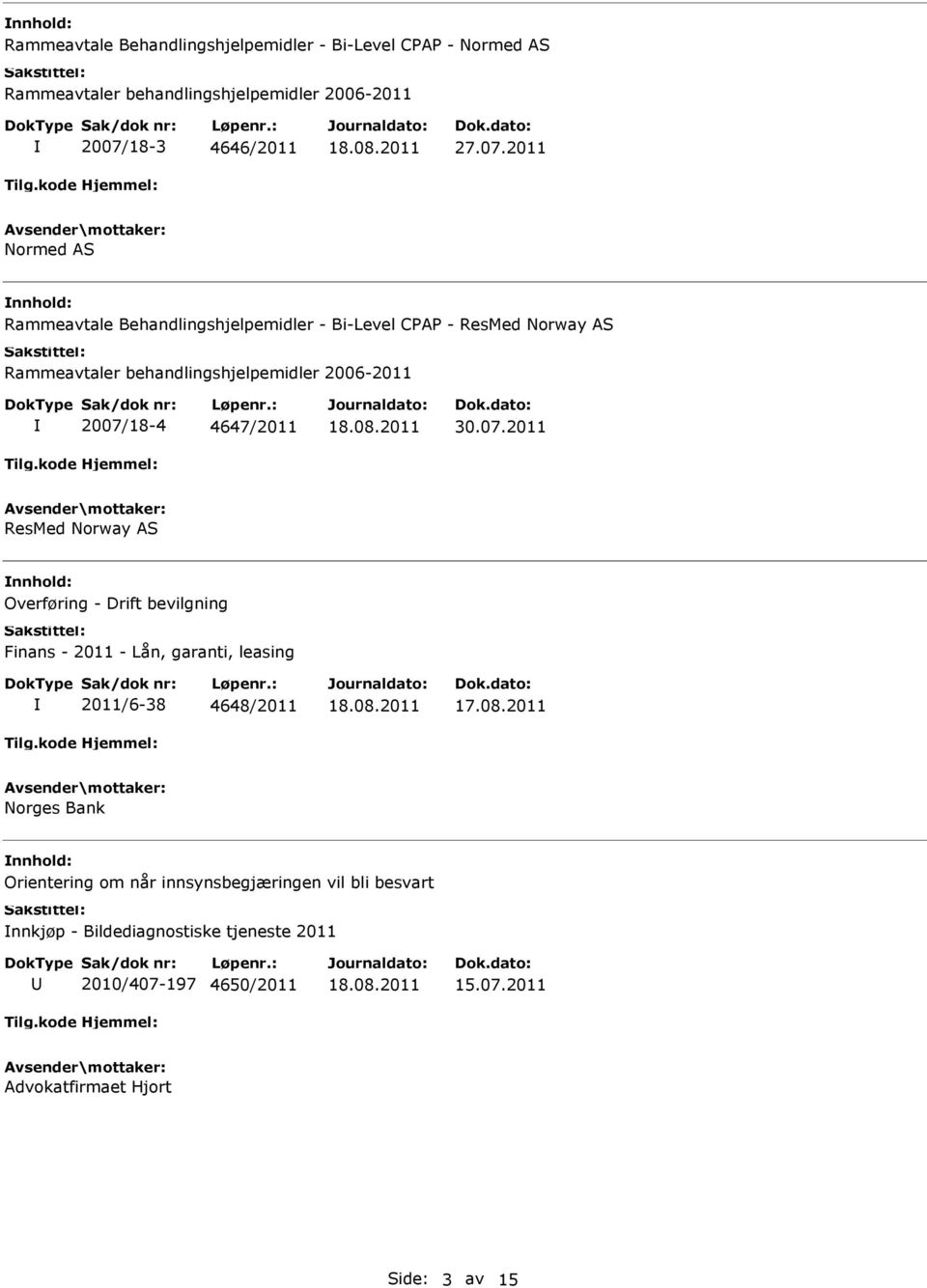2011 Normed AS Rammeavtale Behandlingshjelpemidler - Bi-Level CPAP - ResMed Norway AS Rammeavtaler behandlingshjelpemidler 2006-2011 2007/18-4