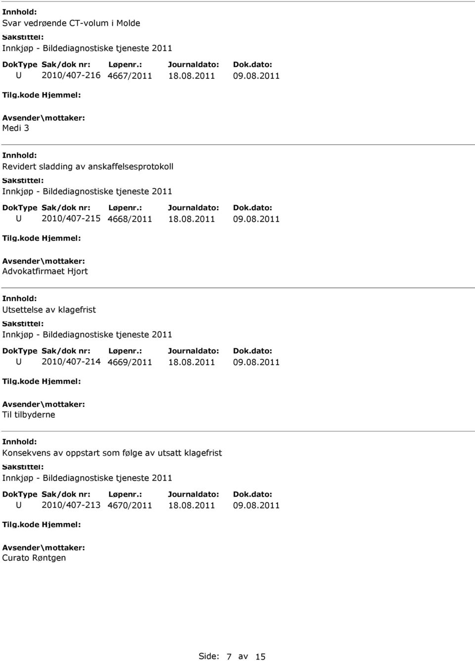 2011 Advokatfirmaet Hjort tsettelse av klagefrist nnkjøp - Bildediagnostiske tjeneste 2011 2010/407-214 4669/2011 09.08.