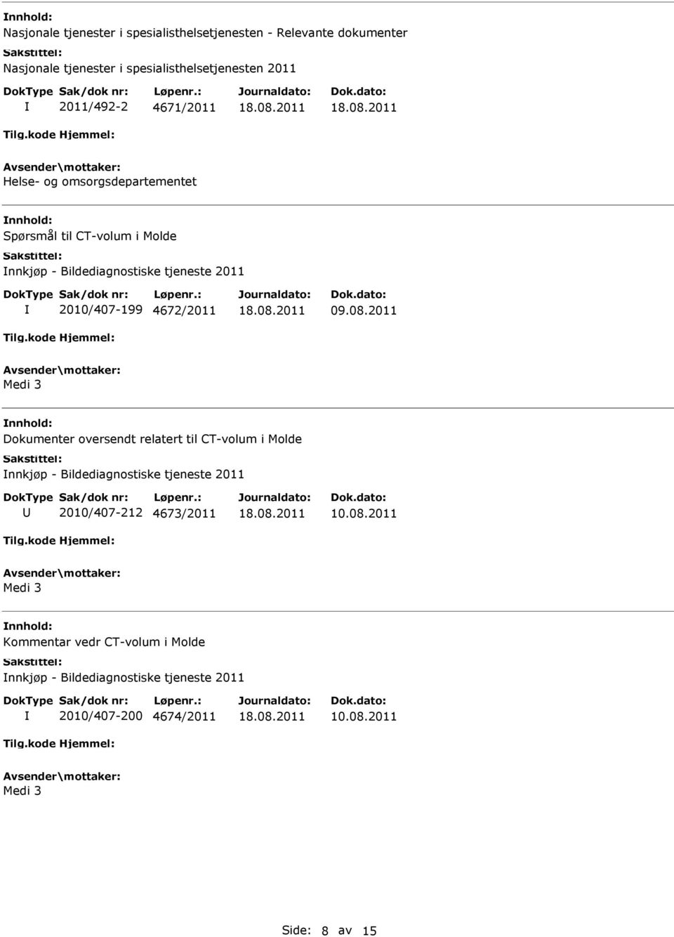 09.08.2011 Medi 3 Dokumenter oversendt relatert til CT-volum i Molde nnkjøp - Bildediagnostiske tjeneste 2011 2010/407-212 4673/2011 10.