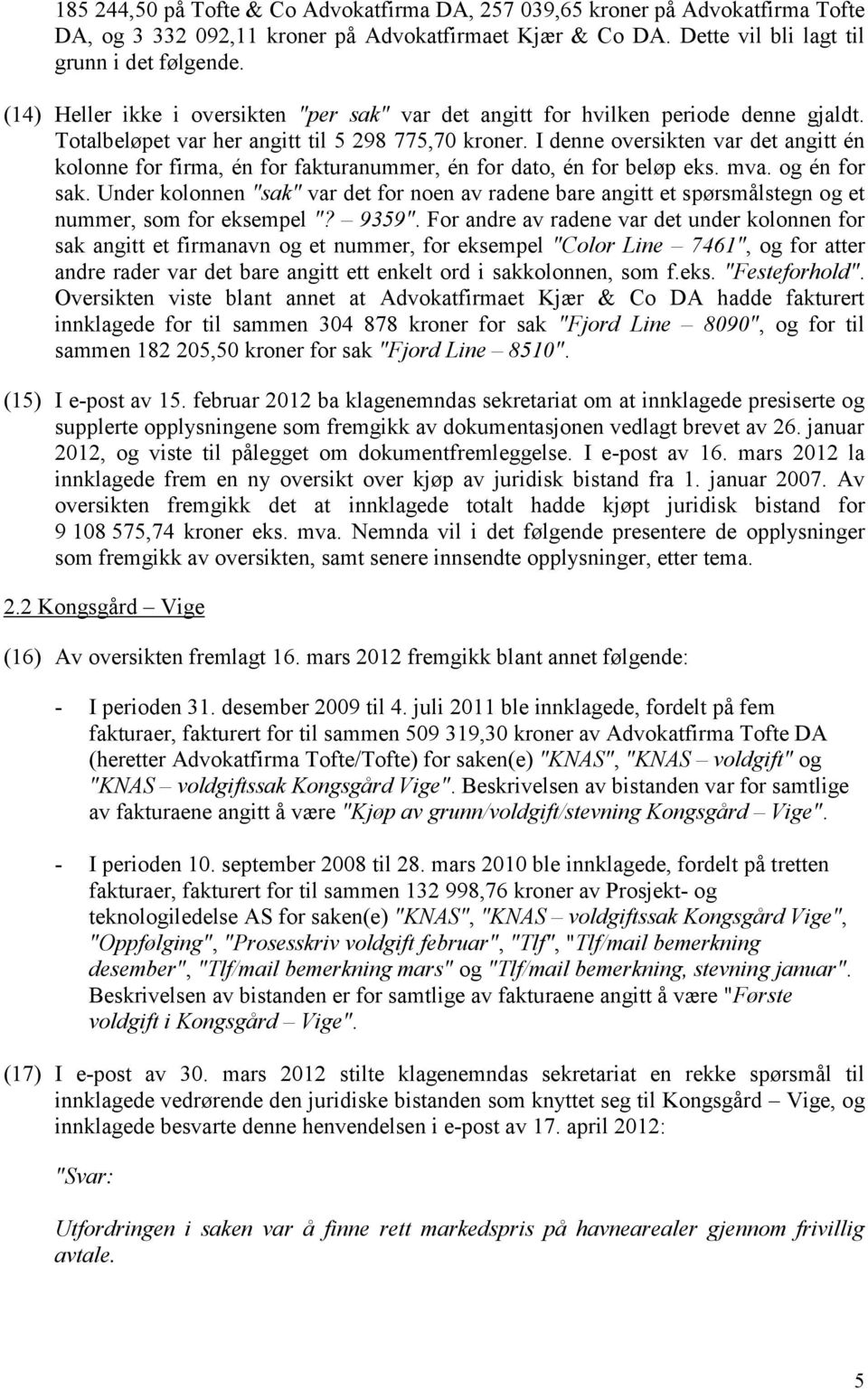 I denne oversikten var det angitt én kolonne for firma, én for fakturanummer, én for dato, én for beløp eks. mva. og én for sak.