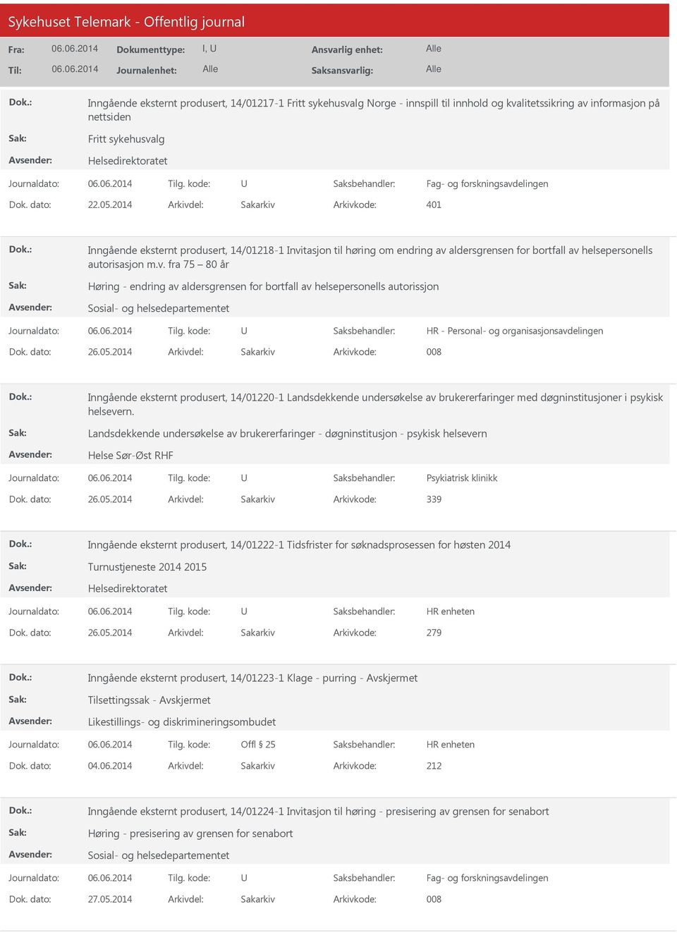 dato: 26.05.2014 Arkivdel: Sakarkiv Inngående eksternt produsert, 14/01220-1 Landsdekkende undersøkelse av brukererfaringer med døgninstitusjoner i psykisk helsevern.