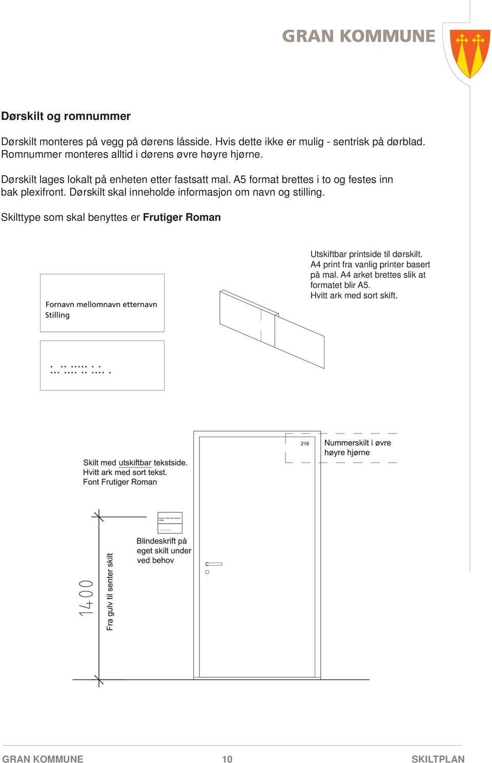 A5 format brettes i to og festes inn bak plexifront. Dørskilt skal inneholde informasjon om navn og stilling.