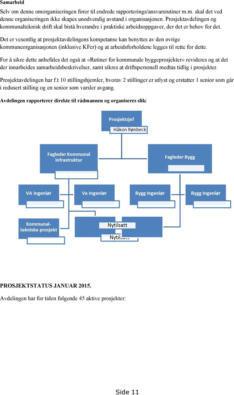 Det er vesentlig at prosjektavdelingens kompetanse kan benyttes av den øvrige kommuneorganisasjonen (inklusive KFer) og at arbeidsforholdene legges til rette for dette.