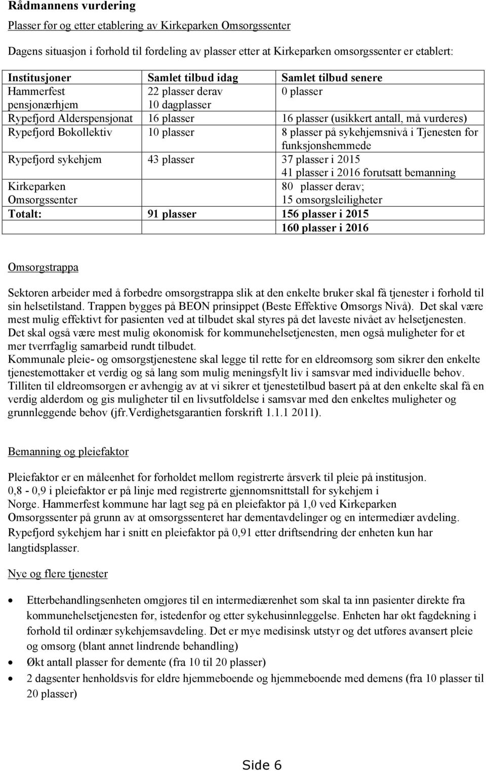 Bokollektiv 10 plasser 8 plasser på sykehjemsnivå i Tjenesten for funksjonshemmede Rypefjord sykehjem 43 plasser 37 plasser i 2015 41 plasser i 2016 forutsatt bemanning Kirkeparken Omsorgssenter 80