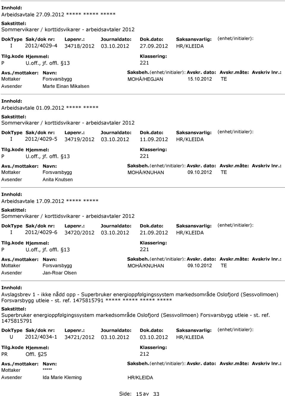 2012 ***** ***** Sommervikarer / korttidsvikarer - arbeidsavtaler 2012 2012/4029-5 34719/2012 11.09.2012 P.off., jf. offl. 13 221 Avs./mottaker: Navn: Saksbeh. Avskr. dato: Avskr.måte: Avskriv lnr.