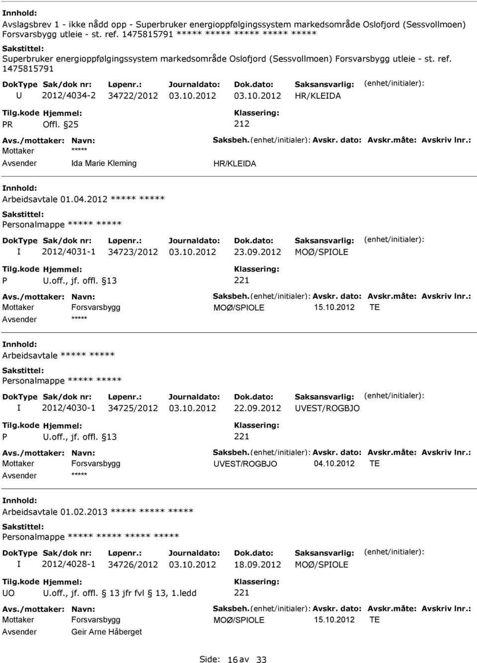 /mottaker: Navn: Saksbeh. Avskr. dato: Avskr.måte: Avskriv lnr.: da Marie Kleming nnhold: Arbeidsavtale 01.04.2012 ***** ***** Personalmappe ***** ***** 2012/4031-1 34723/2012 23.09.2012 MOØ/SPOLE P.