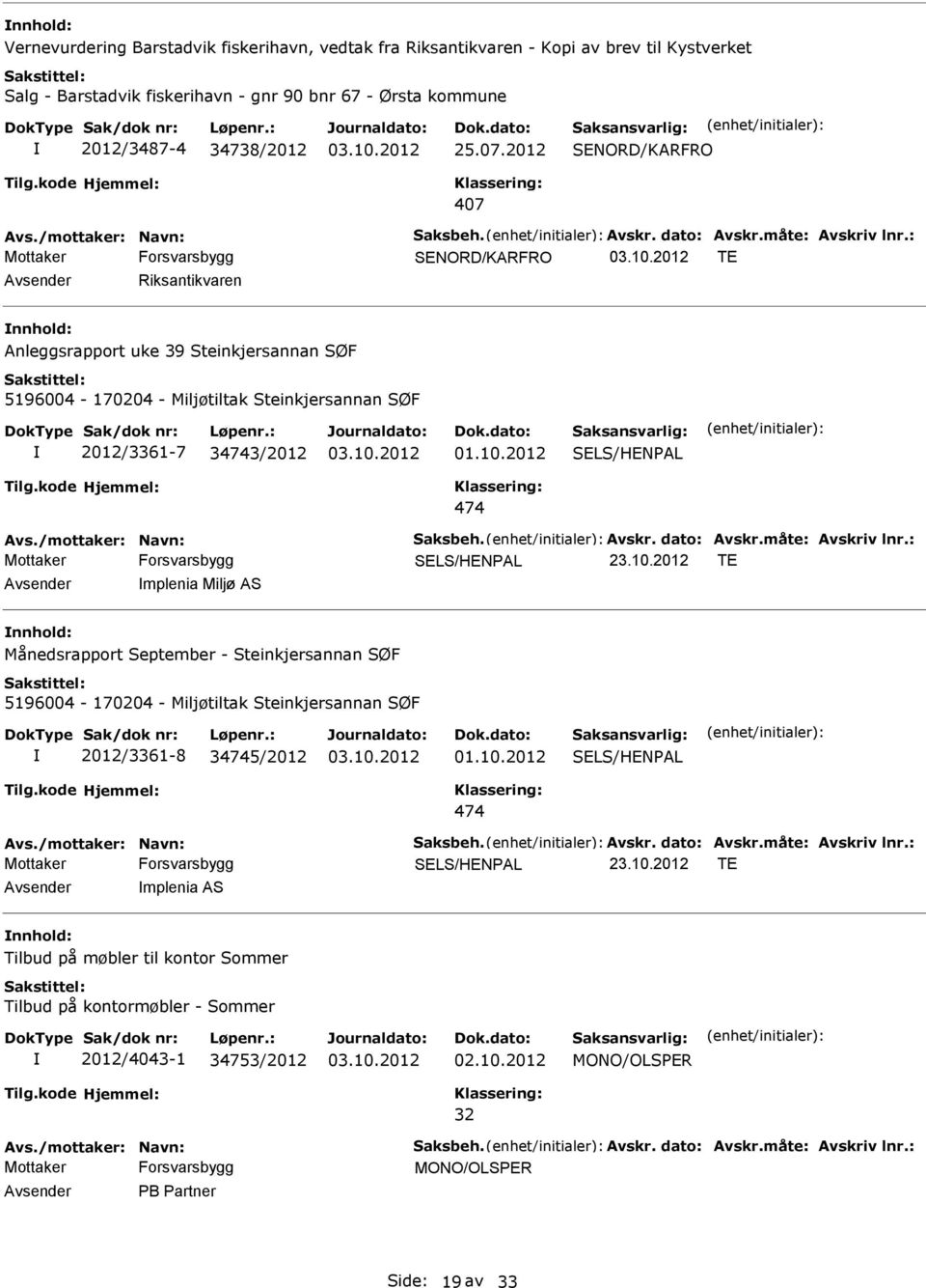 : SENORD/KARFRO TE Riksantikvaren nnhold: Anleggsrapport uke 39 Steinkjersannan SØF 5196004-170204 - Miljøtiltak Steinkjersannan SØF 2012/3361-7 34743/2012 01.10.2012 SELS/HENPAL 474 Avs.