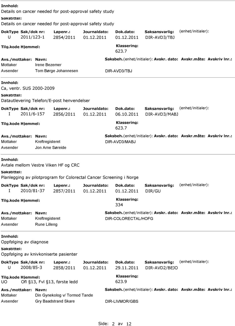 2011 DR-AVD3/MABJ DR-AVD3/MABJ Jon Arne Søreide Avtale mellom Vestre Viken HF og CRC Planlegging av pilotprogram for Colorectal Cancer Screening i Norge 2010/81-37 2857/2011