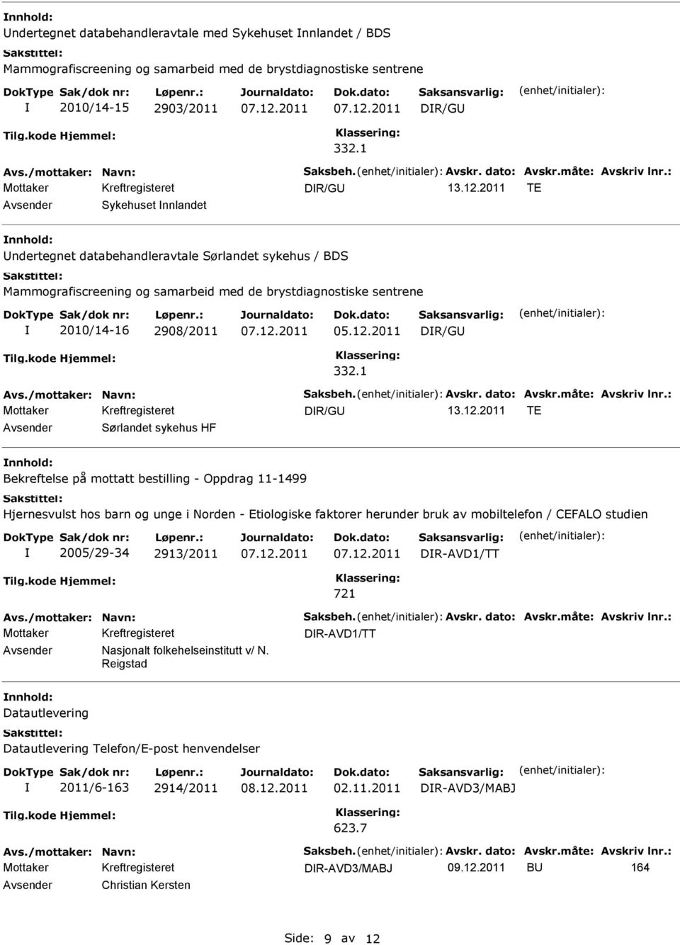 2011 TE Sørlandet sykehus HF Bekreftelse på mottatt bestilling - Oppdrag 11-1499 Hjernesvulst hos barn og unge i Norden - Etiologiske faktorer