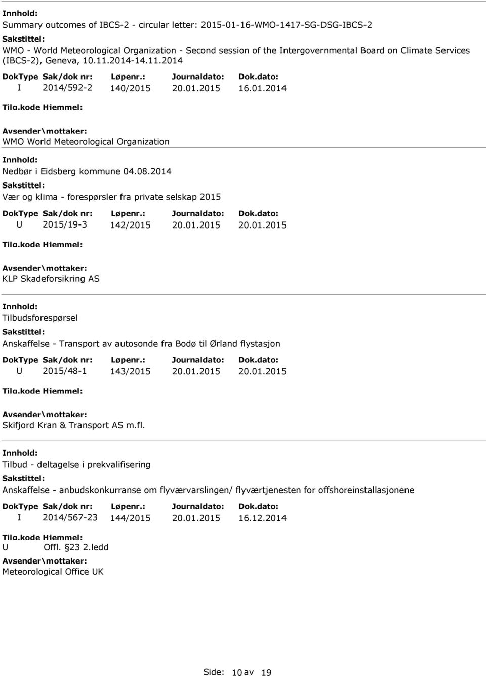 2014 Vær og klima - forespørsler fra private selskap 2015 2015/19-3 142/2015 KLP Skadeforsikring AS Tilbudsforespørsel Anskaffelse - Transport av autosonde fra Bodø til Ørland flystasjon 2015/48-1