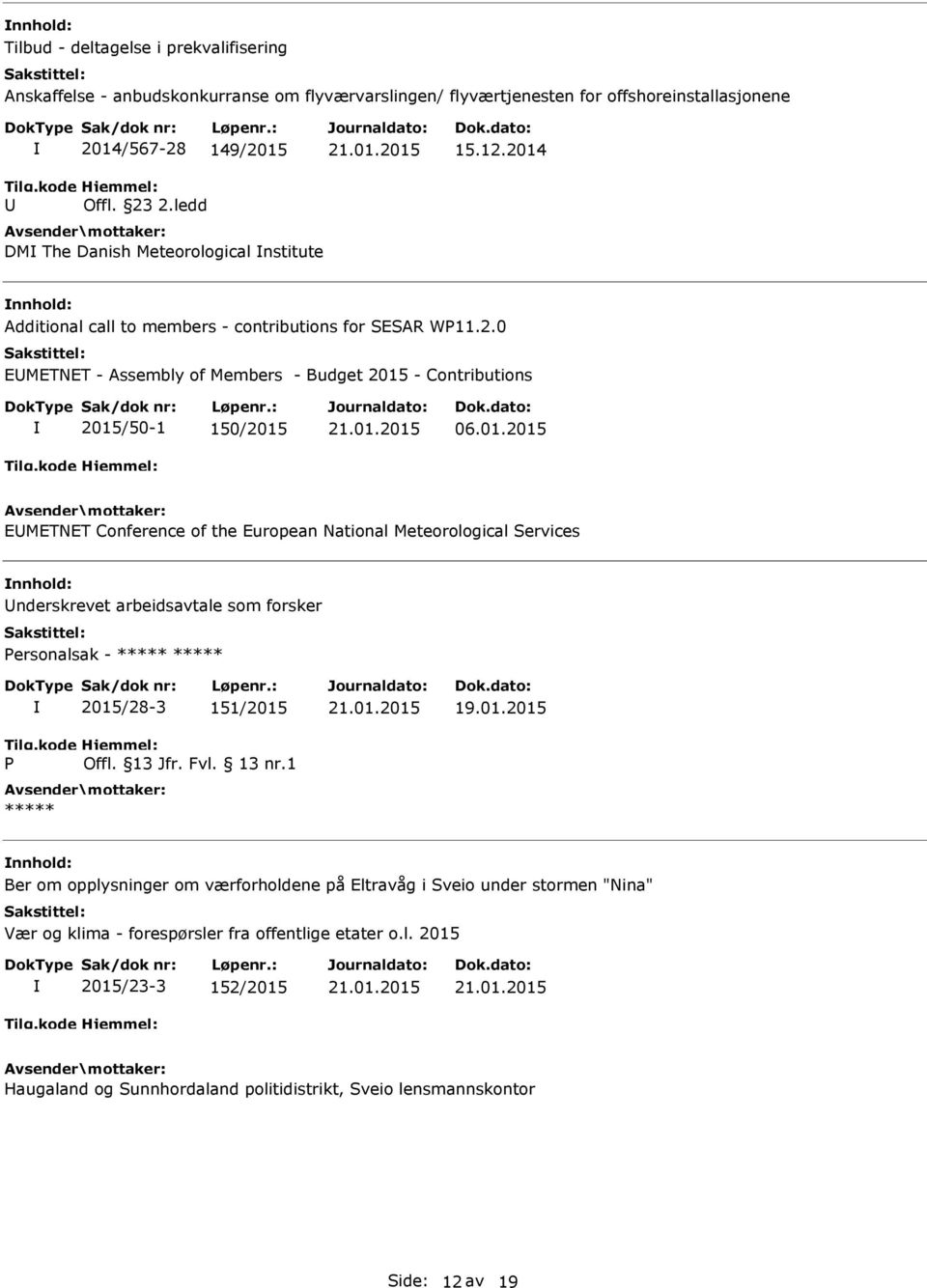 01.2015 EMETNET Conference of the European National Meteorological Services nderskrevet arbeidsavtale som forsker Personalsak - ***** ***** P 2015/28-3 151/2015 Offl. 13 Jfr. Fvl. 13 nr.