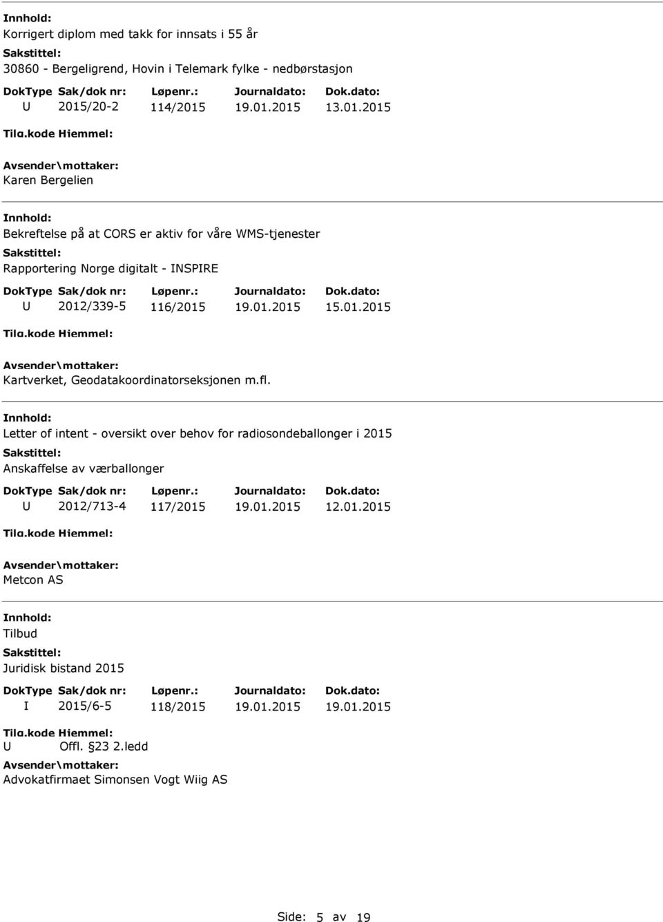 13.01.2015 Karen Bergelien Bekreftelse på at CORS er aktiv for våre WMS-tjenester Rapportering Norge digitalt - NSPRE 2012/339-5 116/2015 15.01.2015 Kartverket, Geodatakoordinatorseksjonen m.