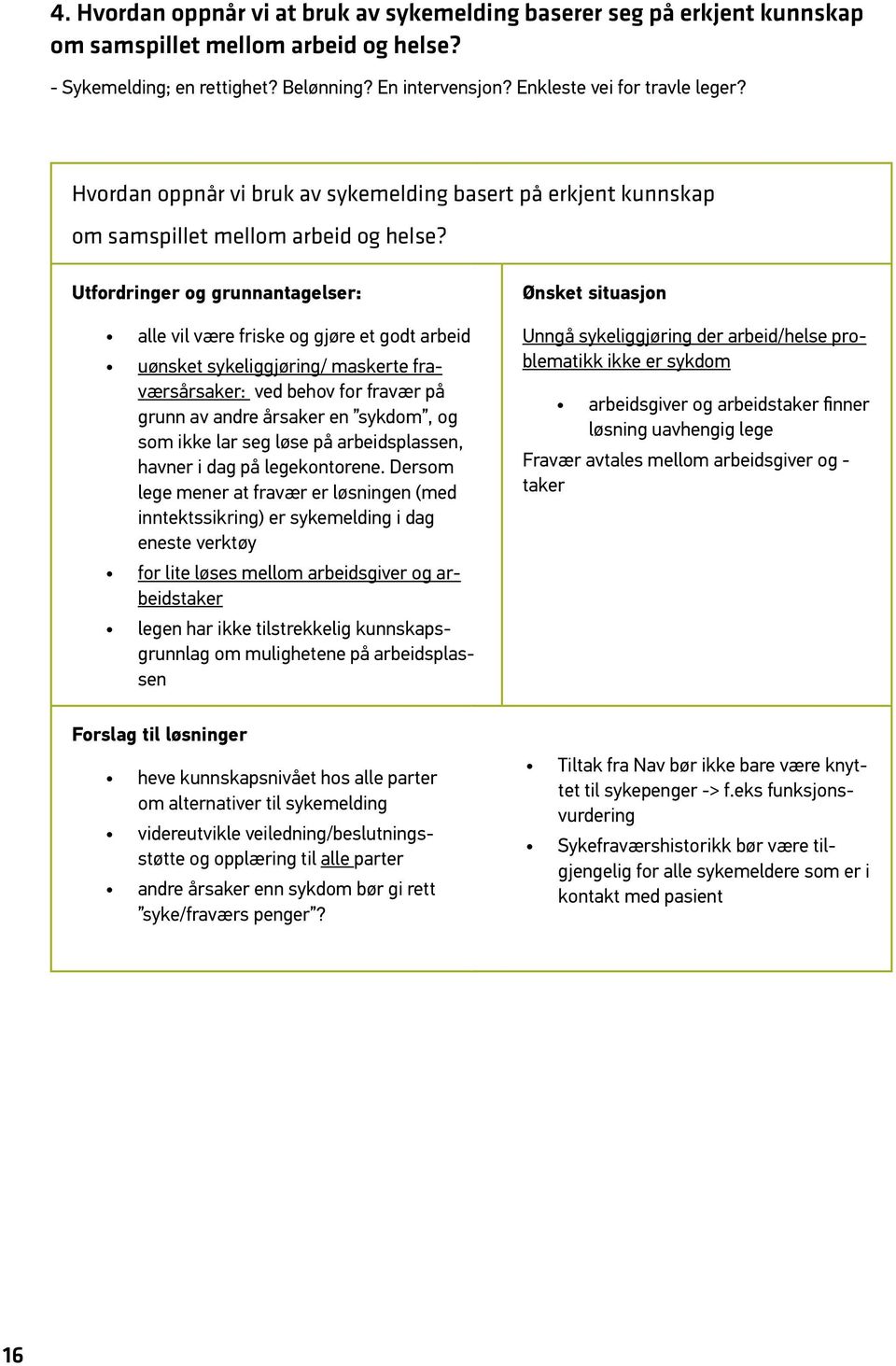 Utfordringer og grunnantagelser: alle vil være friske og gjøre et godt arbeid uønsket sykeliggjøring/ maskerte fraværsårsaker: ved behov for fravær på grunn av andre årsaker en sykdom, og som ikke