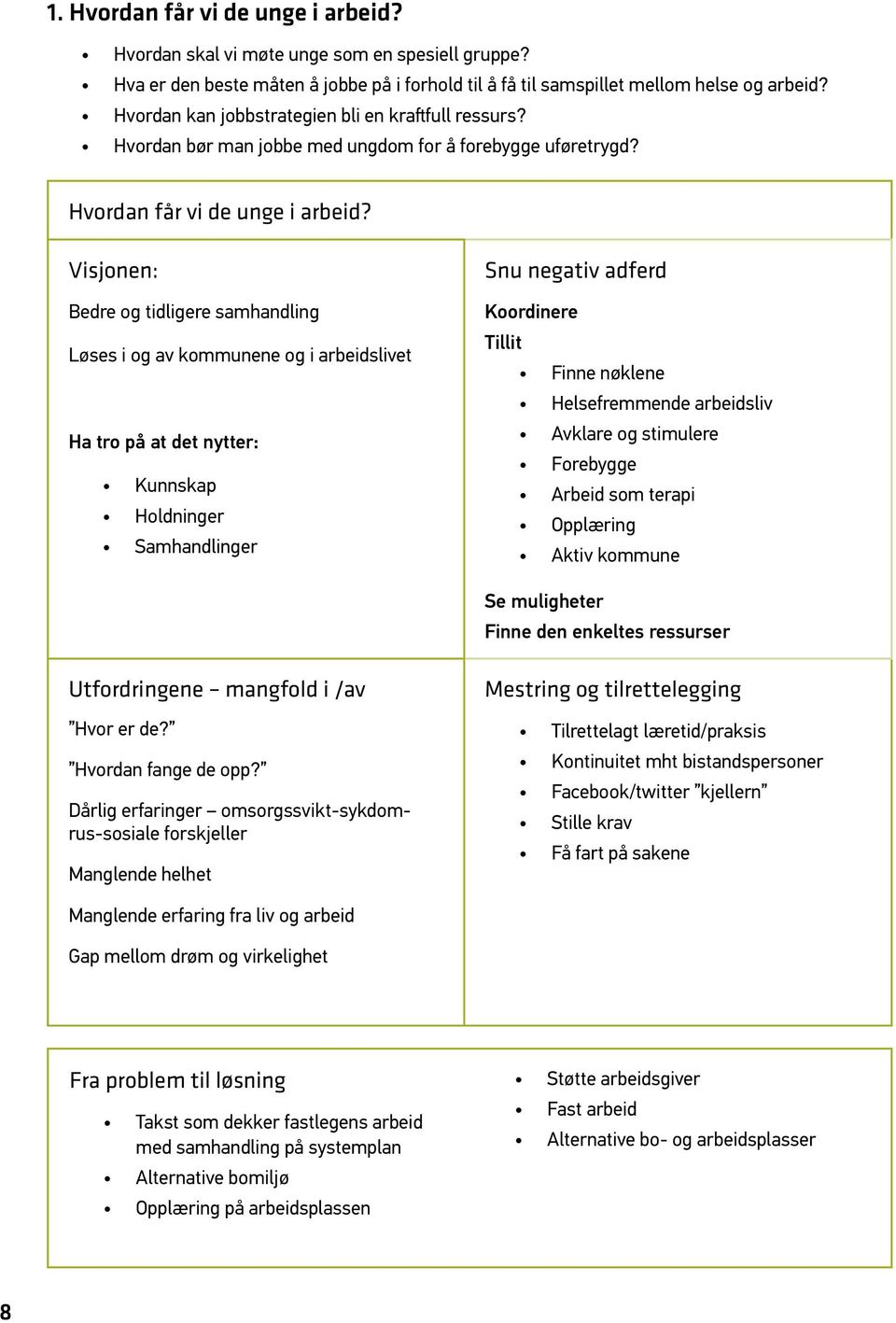 Visjonen: Bedre og tidligere samhandling Løses i og av kommunene og i arbeidslivet Ha tro på at det nytter: Kunnskap Holdninger Samhandlinger Snu negativ adferd Koordinere Tillit Finne nøklene