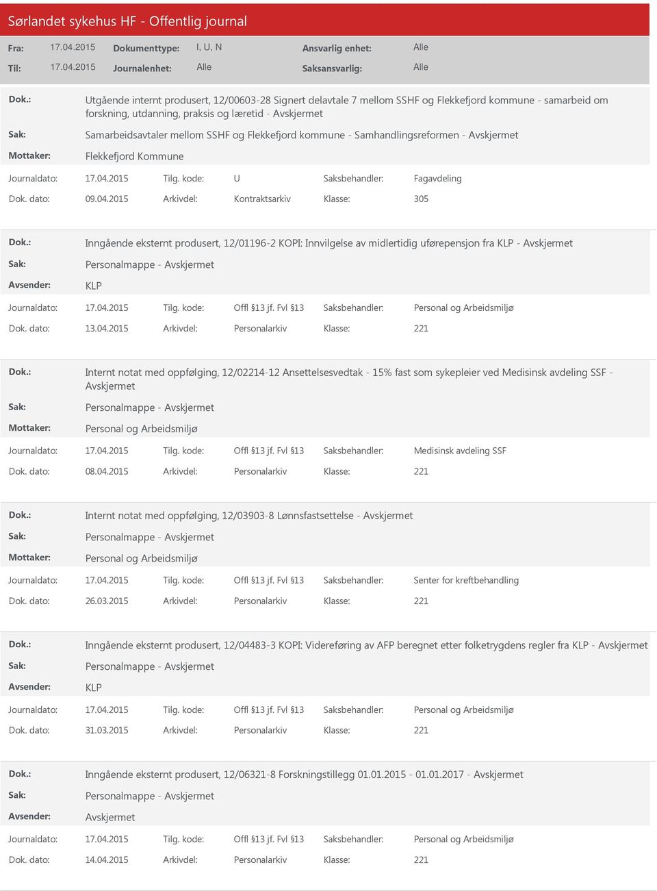 2015 Arkivdel: Kontraktsarkiv Inngående eksternt produsert, 12/01196-2 KOPI: Innvilgelse av midlertidig uførepensjon fra KLP - Personalmappe - KLP Dok. dato: 13.04.