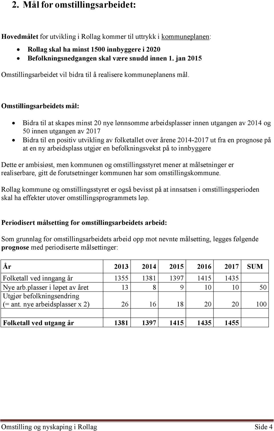 Omstillingsarbeidets mål: Bidra til at skapes minst 20 nye lønnsomme arbeidsplasser innen utgangen av 2014 og 50 innen utgangen av 2017 Bidra til en positiv utvikling av folketallet over årene