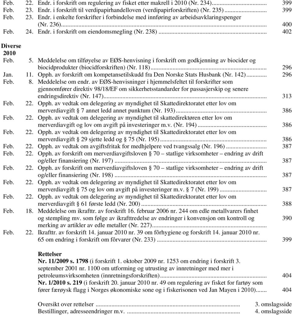 Meddelelse om tilføyelse av EØS-henvisning i forskrift om godkjenning av biocider og biocidprodukter (biocidforskriften) (Nr. 118)... 296 Jan. 11. Opph.