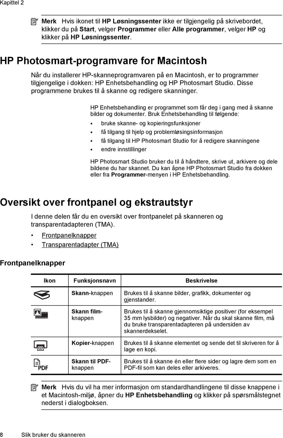 Disse programmene brukes til å skanne og redigere skanninger. HP Enhetsbehandling er programmet som får deg i gang med å skanne bilder og dokumenter.