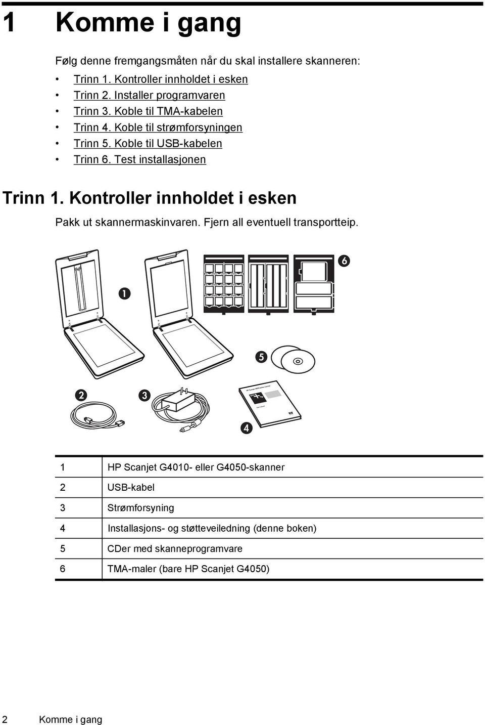 Test installasjonen Trinn 1. Kontroller innholdet i esken Pakk ut skannermaskinvaren. Fjern all eventuell transportteip.