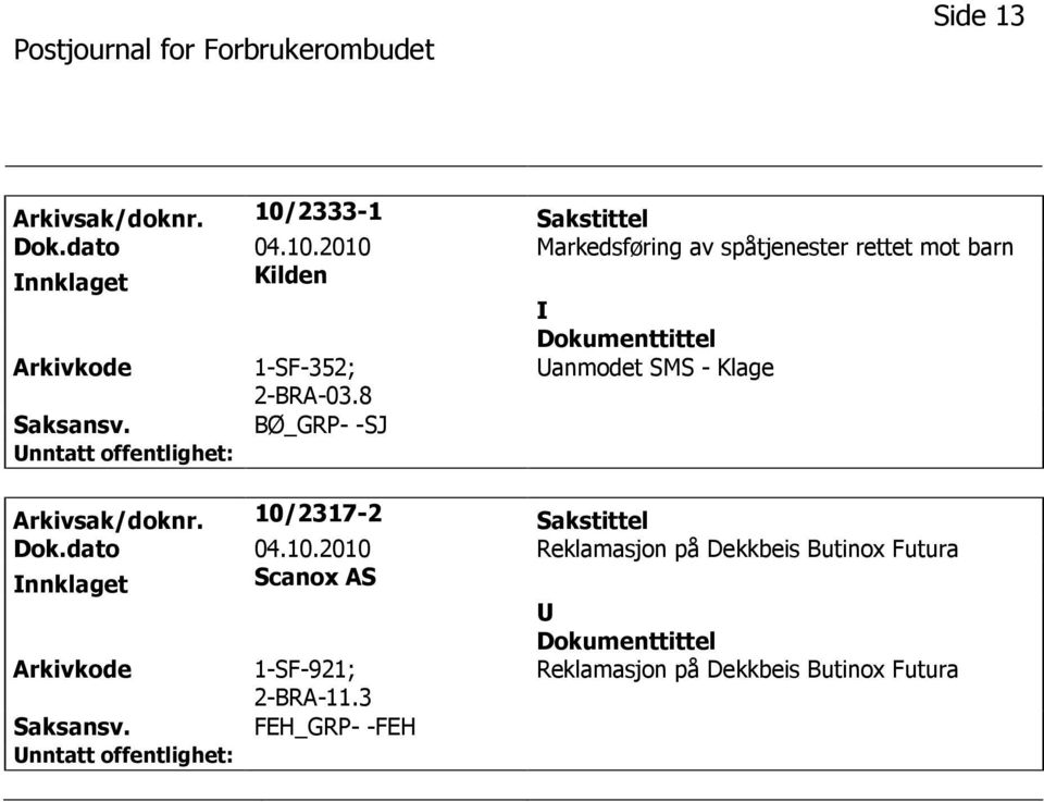 2010 Markedsføring av spåtjenester rettet mot barn nnklaget Kilden 1-SF-352; 2-BRA-03.