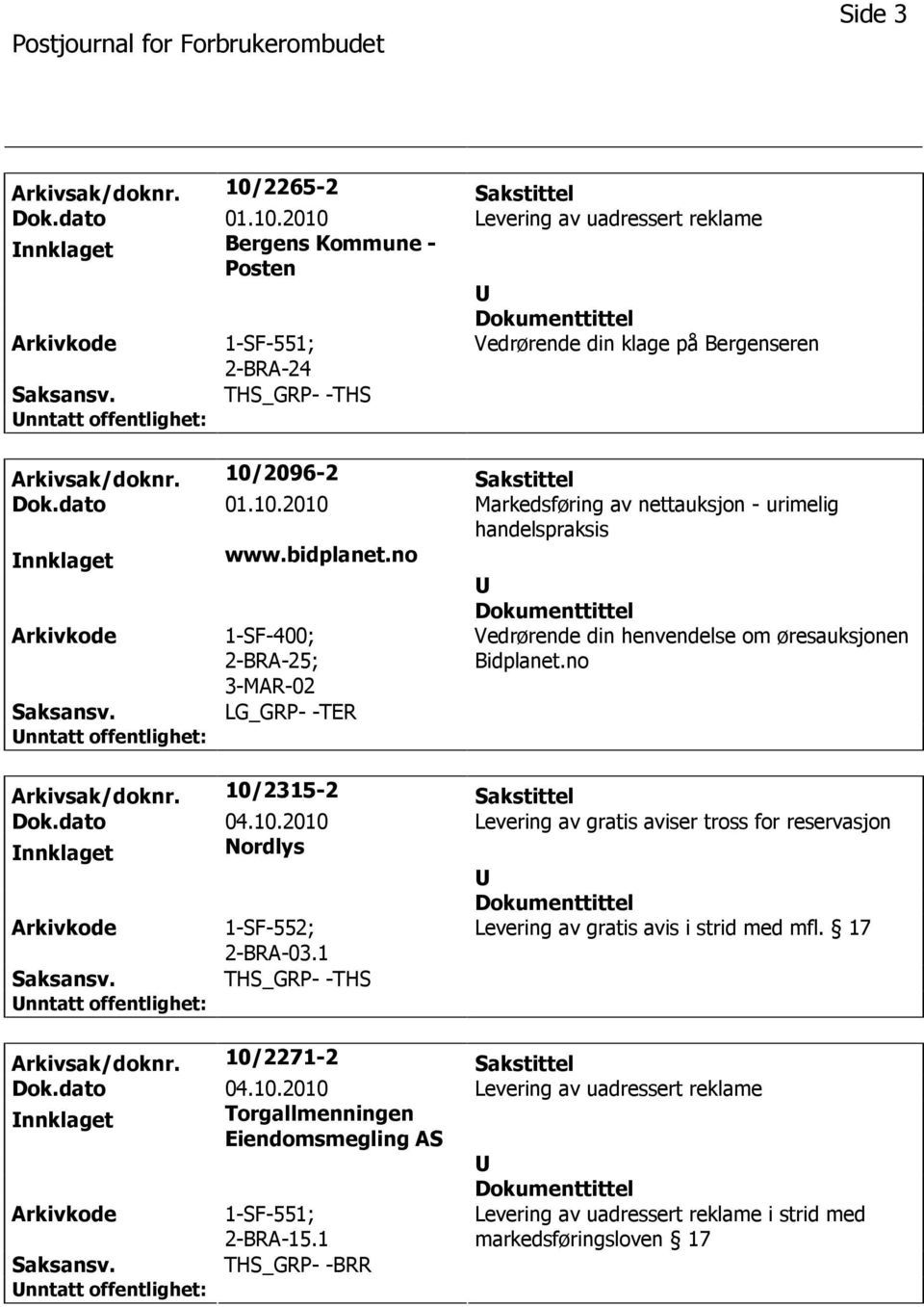 no 1-SF-400; 2-BRA-25; 3-MAR-02 LG_GRP- -TER Vedrørende din henvendelse om øresauksjonen Bidplanet.no Arkivsak/doknr. 10/