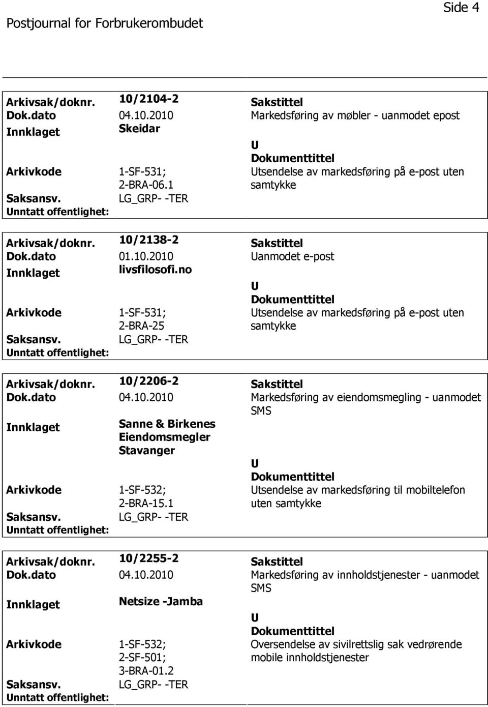 no 1-SF-531; 2-BRA-25 tsendelse av markedsføring på e-post uten samtykke LG_GRP- -TER Arkivsak/doknr. 10/