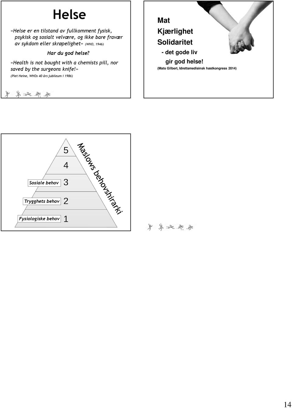 (Mats Gilbert, Idrettsmedisinsk høstkongress 2014) Sosiale behov Trygghets behov GOD HELSE er også Balanse/likevekt Egenverd/verdighet Bli sett og akseptert Selvtillit og selvrealisering.