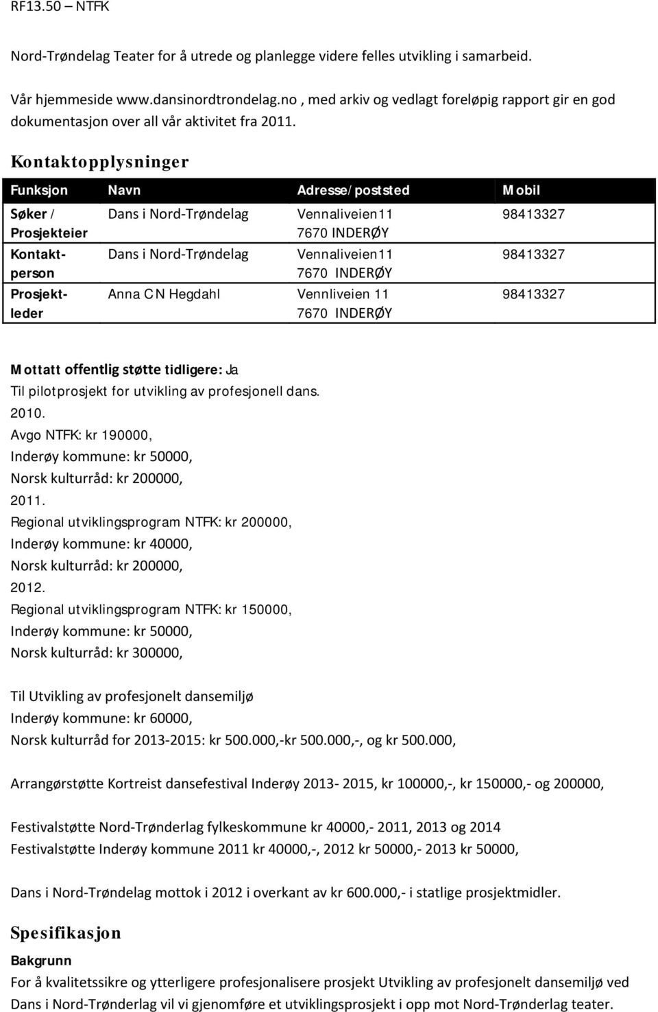 Kontaktopplysninger Funksjon Navn Adresse/poststed Mobil Søker / Prosjekteier Kontaktperson Prosjektleder Dans i Nord-Trøndelag Vennaliveien11 7670 INDERØY Dans i Nord-Trøndelag Vennaliveien11 7670