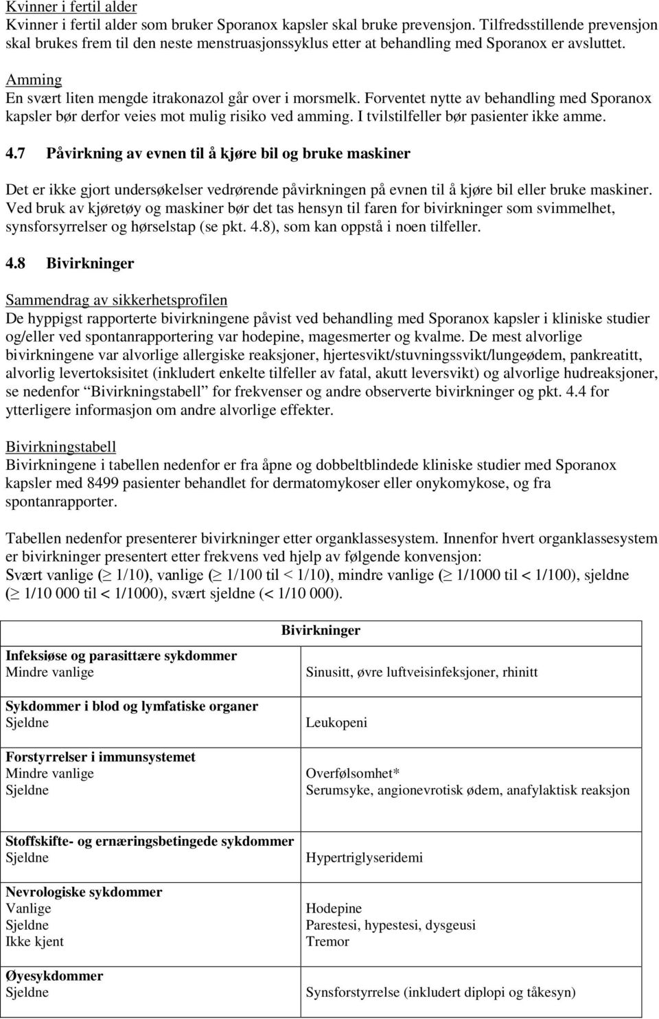 Forventet nytte av behandling med Sporanox kapsler bør derfor veies mot mulig risiko ved amming. I tvilstilfeller bør pasienter ikke amme. 4.