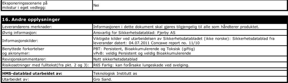 2 og 3): HMS-datablad utarbeidet av: Utarbeidet av: Informasjonen i dette dokument skal gjøres tilgjengelig til alle som håndterer produktet.