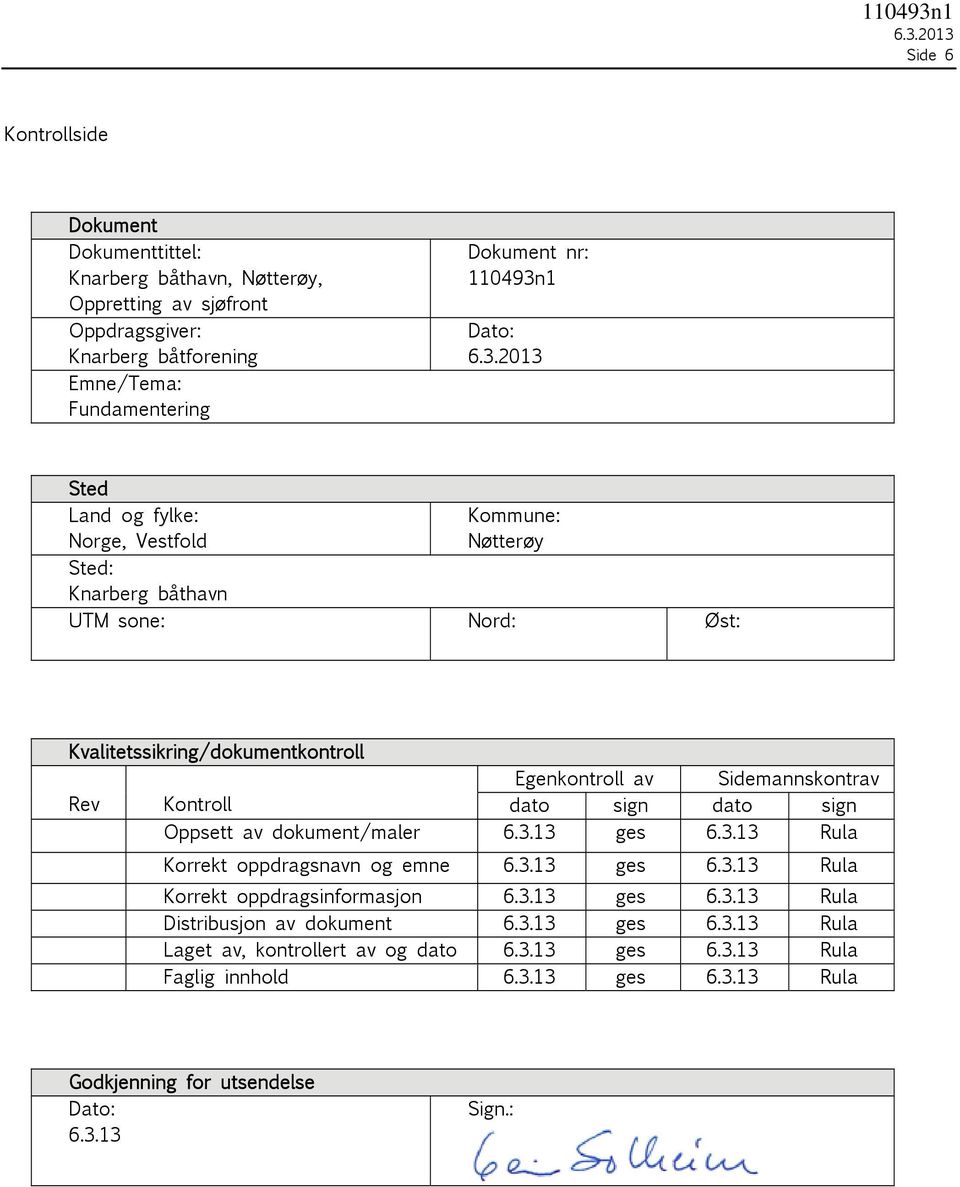 Kontroll dato sign dato sign Oppsett av dokument/maler 6.3.13 ges 6.3.13 Rula Korrekt oppdragsnavn og emne 6.3.13 ges 6.3.13 Rula Korrekt oppdragsinformasjon 6.3.13 ges 6.3.13 Rula Distribusjon av dokument 6.
